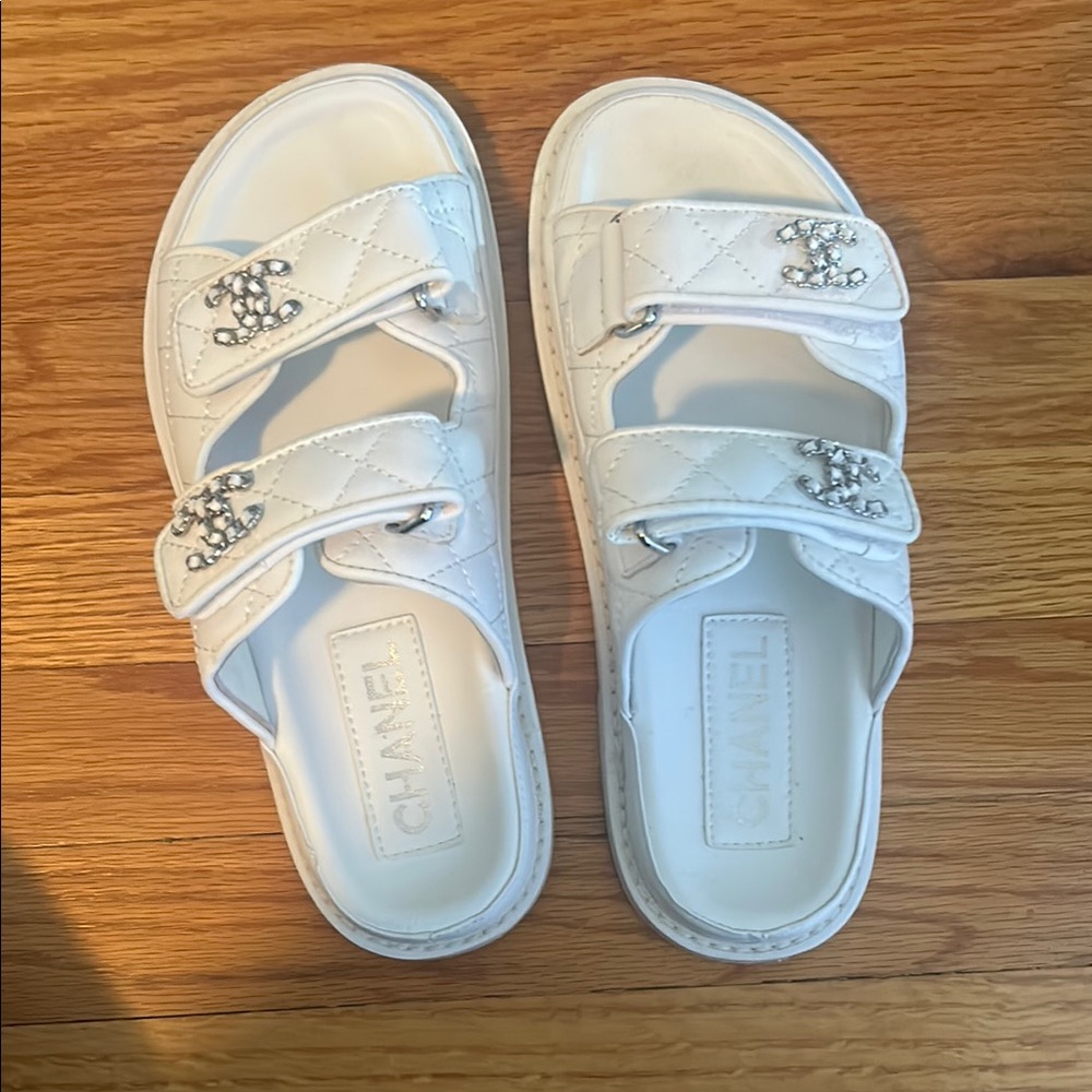 White Quilted Slides with Silver Accents